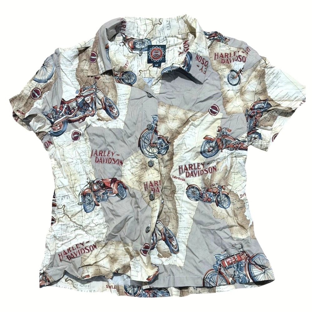 Harley Davidson Official Button Up Shirt Womens Medium Map Motorcycles Made USA